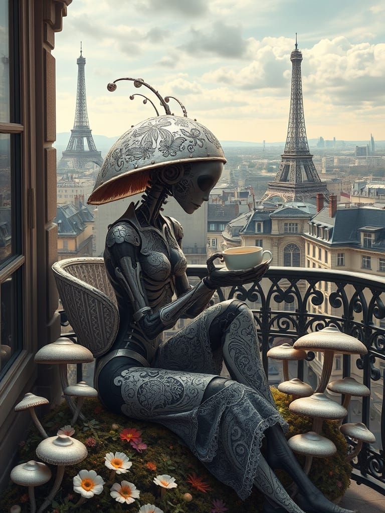 Surreal Robot in Art Nouveau Elegance Sipping Tea on Parisia...