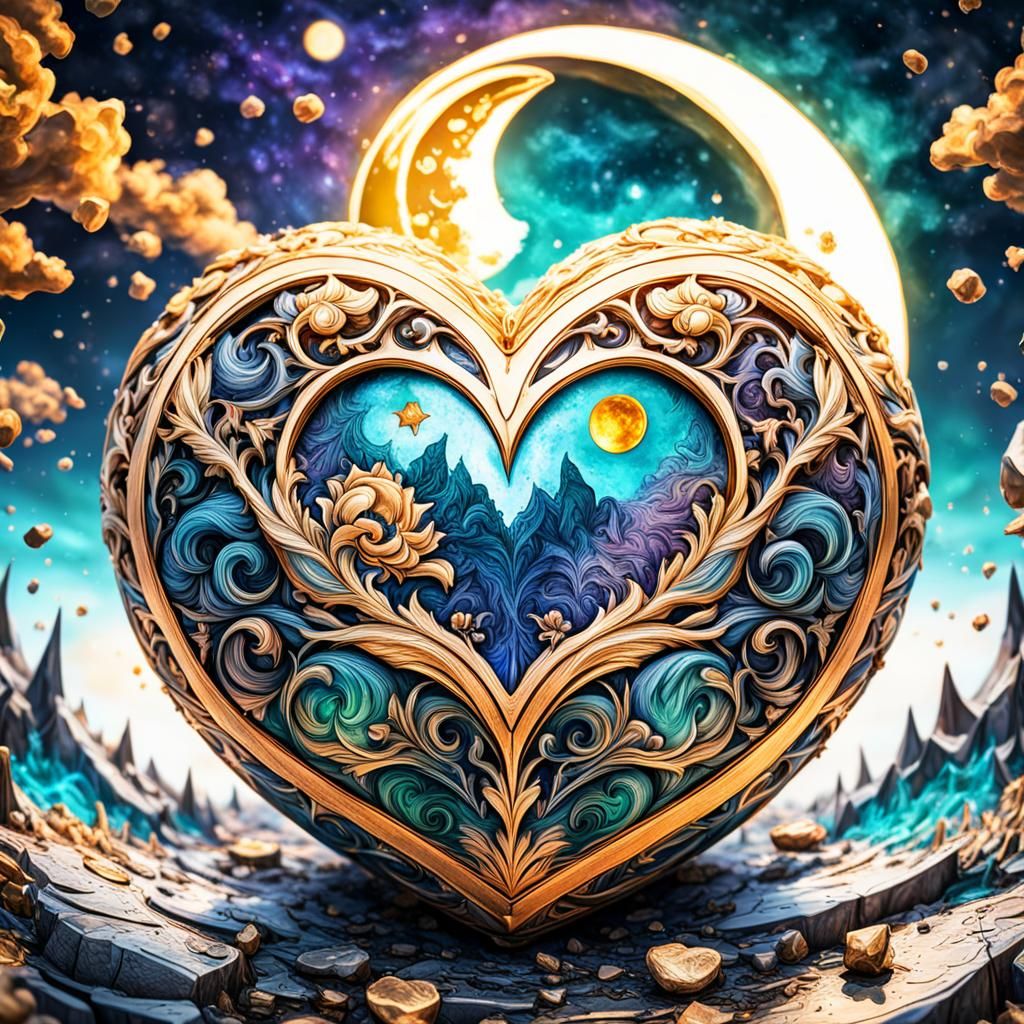 Vibrant Moon Heart in a Fantasy Landscape