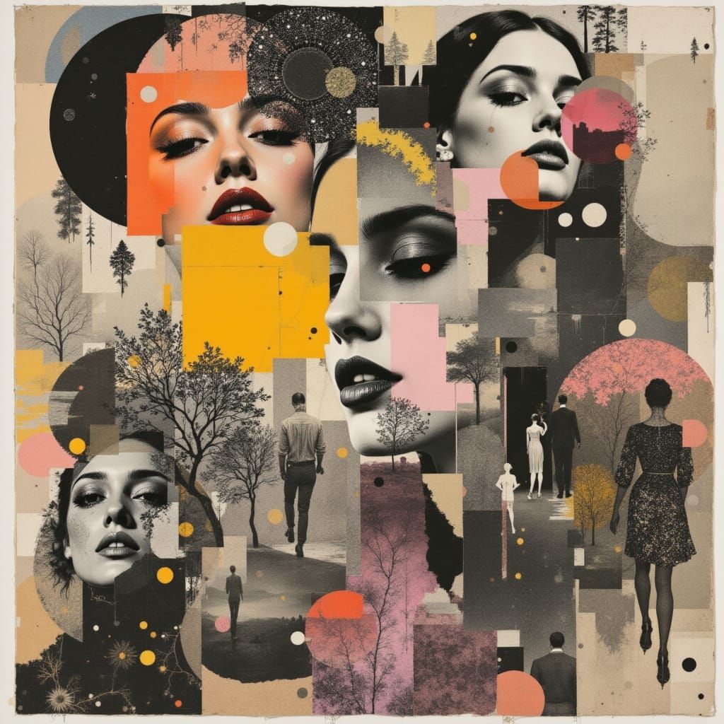 <lora:Umbratic:1.0> Melancholic Photographic and Drawn Collage: Agar's incorporation of distorted or fragmented neon colors, photographic el...