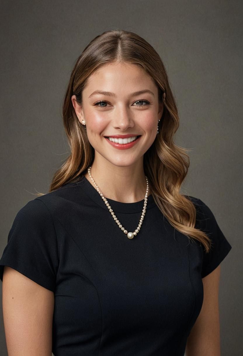 Kat Dennings standing against a neutral background. She has long, wavy blonde hair and is smiling at the camera. Her makeup includes defi...