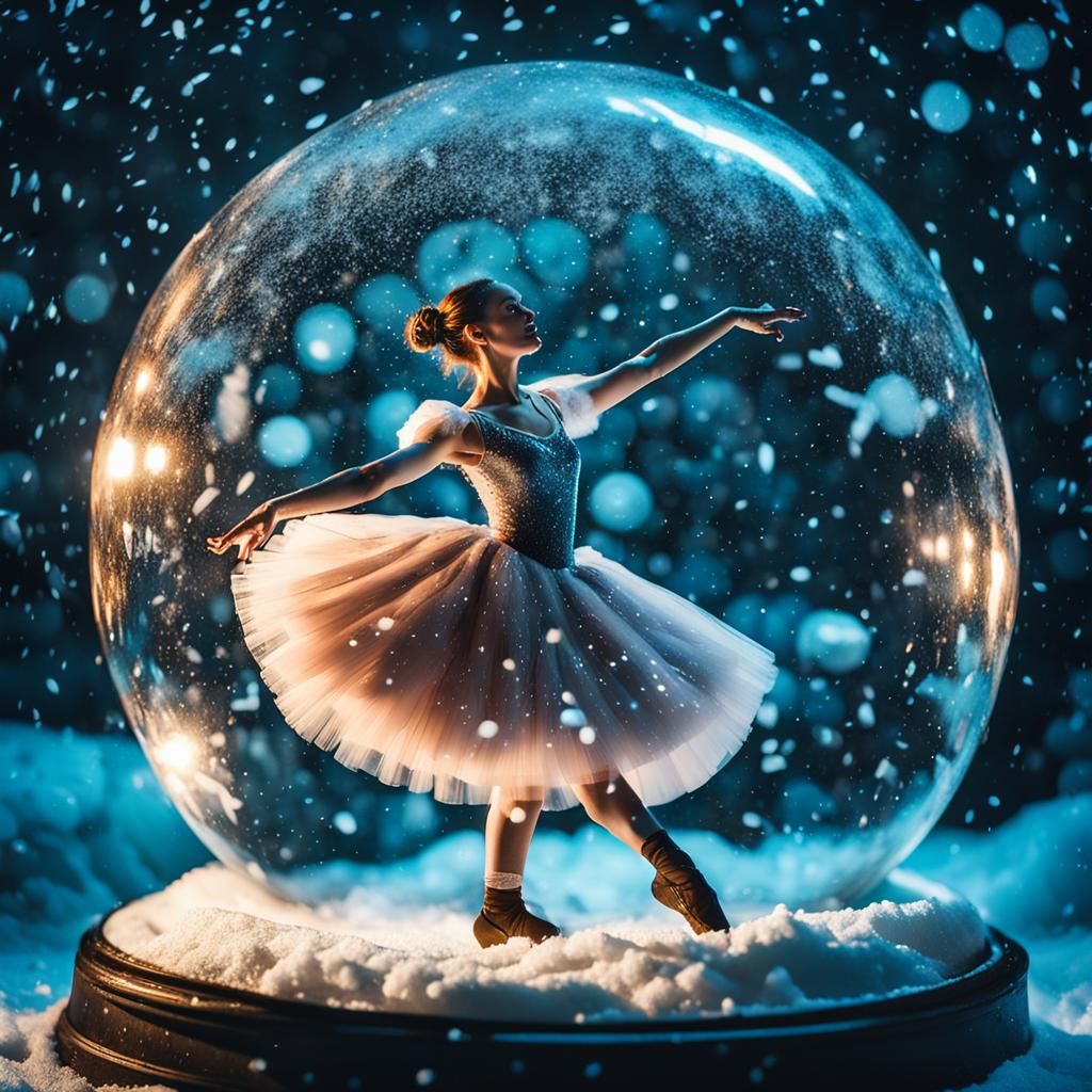 Snow globe and a ballerina beautiful real girl dancing under...
