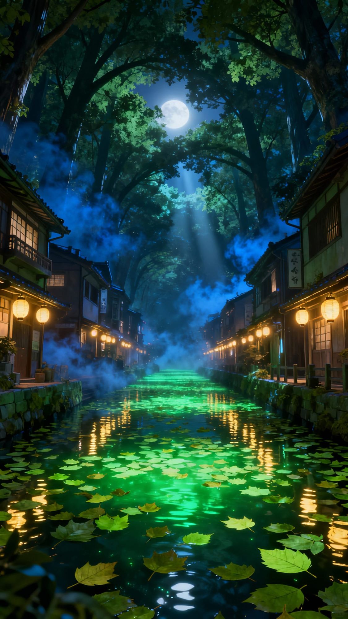 A mystical nighttime forest-city hybrid scene with floating leaves completely covering the canal water. Glowing green reflections illuminate...