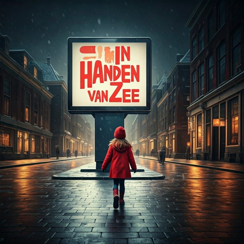 Girl in Red Walks Snowy Street with Billboard Art