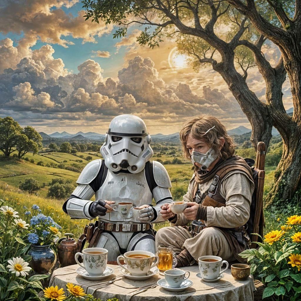 Bilbo Baggins, a hobbit,  having a proper tea with a storm trooper from star wars,  in the shire.