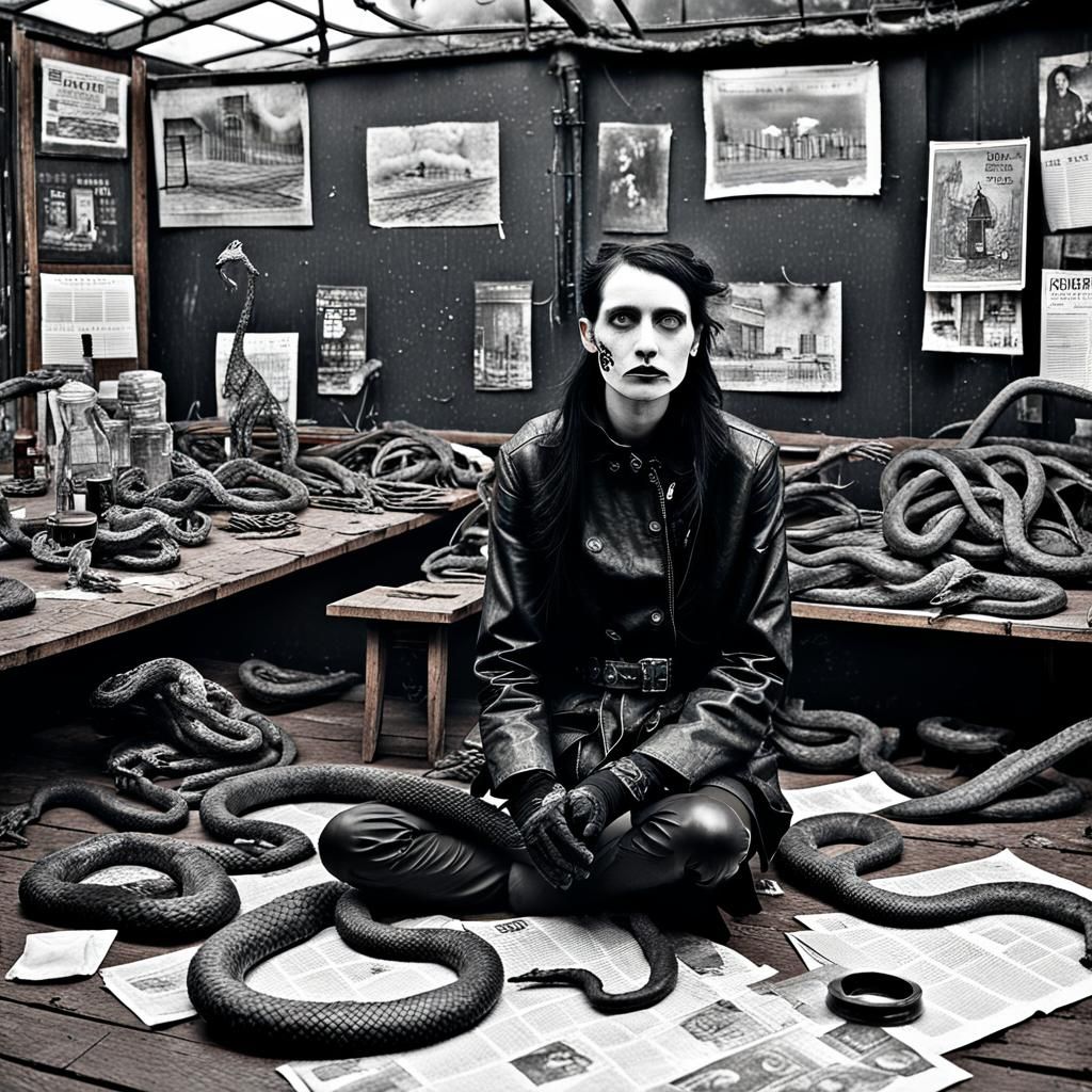create an image of goth fashion model. giant snakes. doves. ...