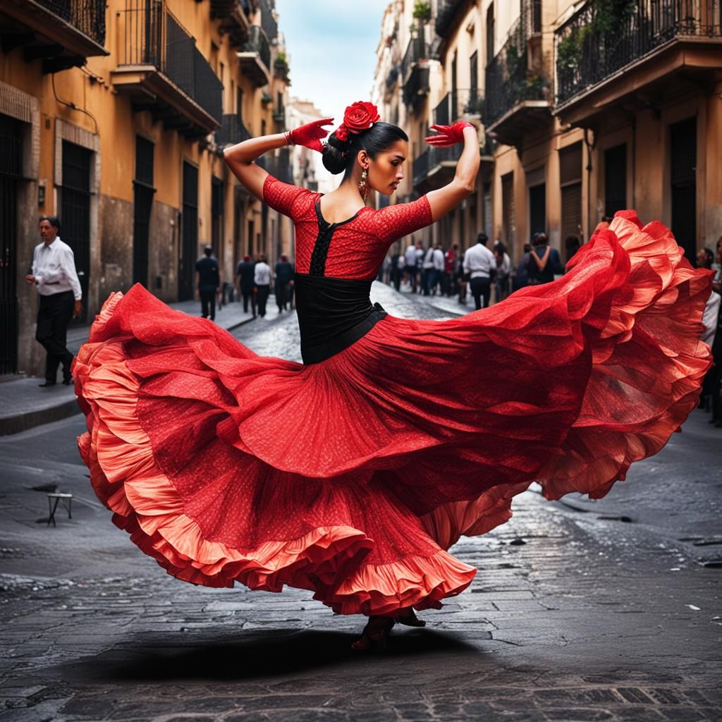 "Flamenco dancer in  a street in Spain" hyperrealistic ,high definition photo  by @Mapont