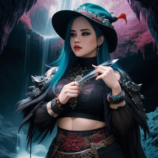 Intricate blue hair woman in black