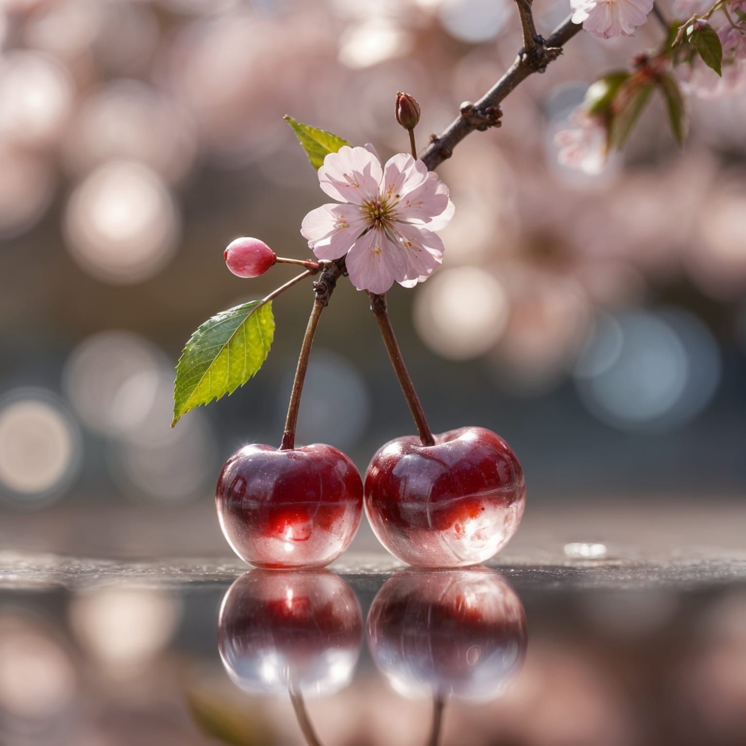 two cherries crafted from transparent glass