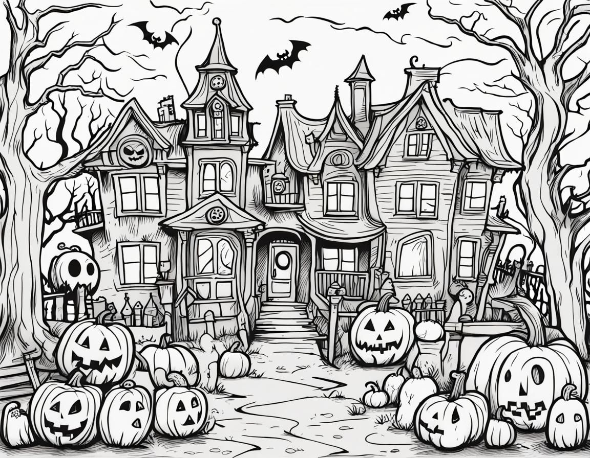 line art drawing, A Halloween night haunt; ghosts and goblins, doodle ...