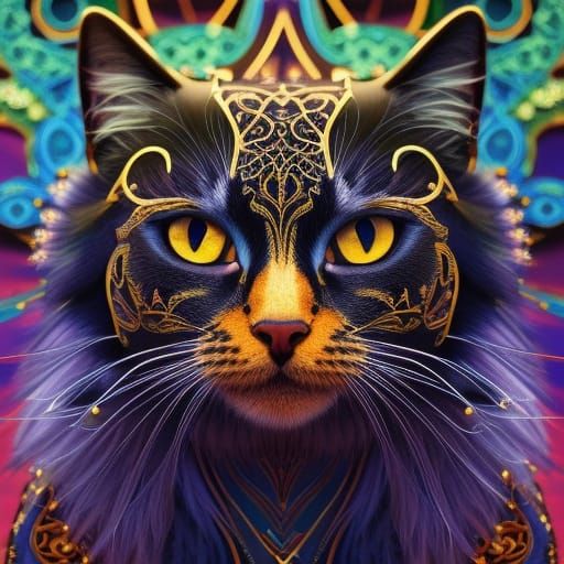 circular patterns, vaguely shaped like a cat portrait deep color, fantastical, intricate detail, complementary ...  by @Infinite Reality