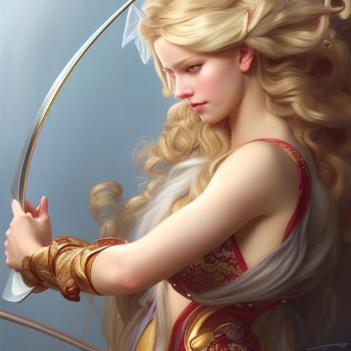 Lady cupid with long blonde way hair with hearts in it, shoo...