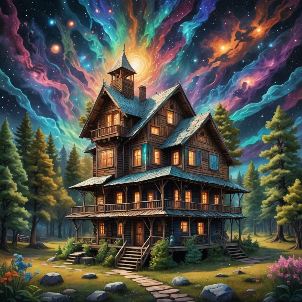 Cosmic Cabin: Holographic Astral Illustration