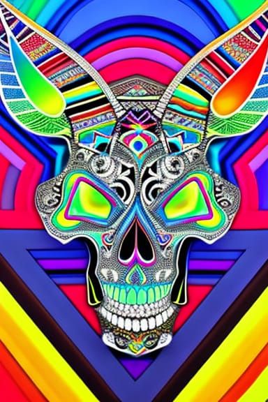 Skull with a big horn; rainbow zentangle styled; photorealistic horn Skull, Pixar style;  luminescent holy mandala galax...