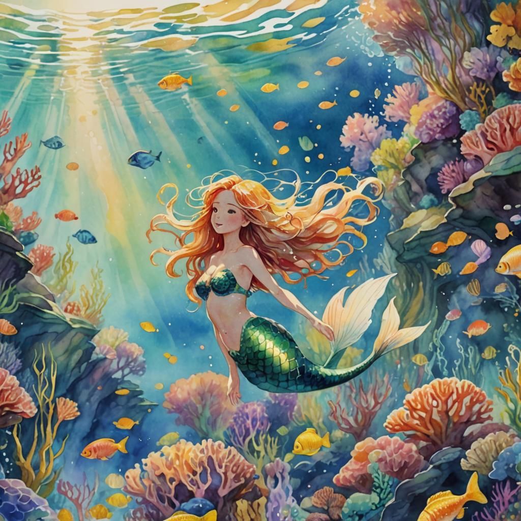 Watercolor Mermaid Near Coral Reef in Miyazaki Style