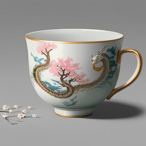A delicate porcelain teacup and teapot adorned with intricat...