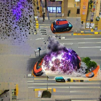 exploding car in the middle of a city