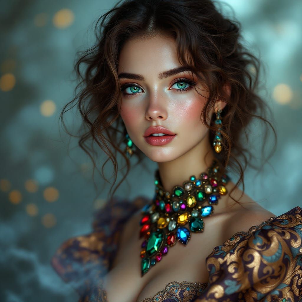 Vibrant, hyper-realistic digital portrait of a young woman, ...
