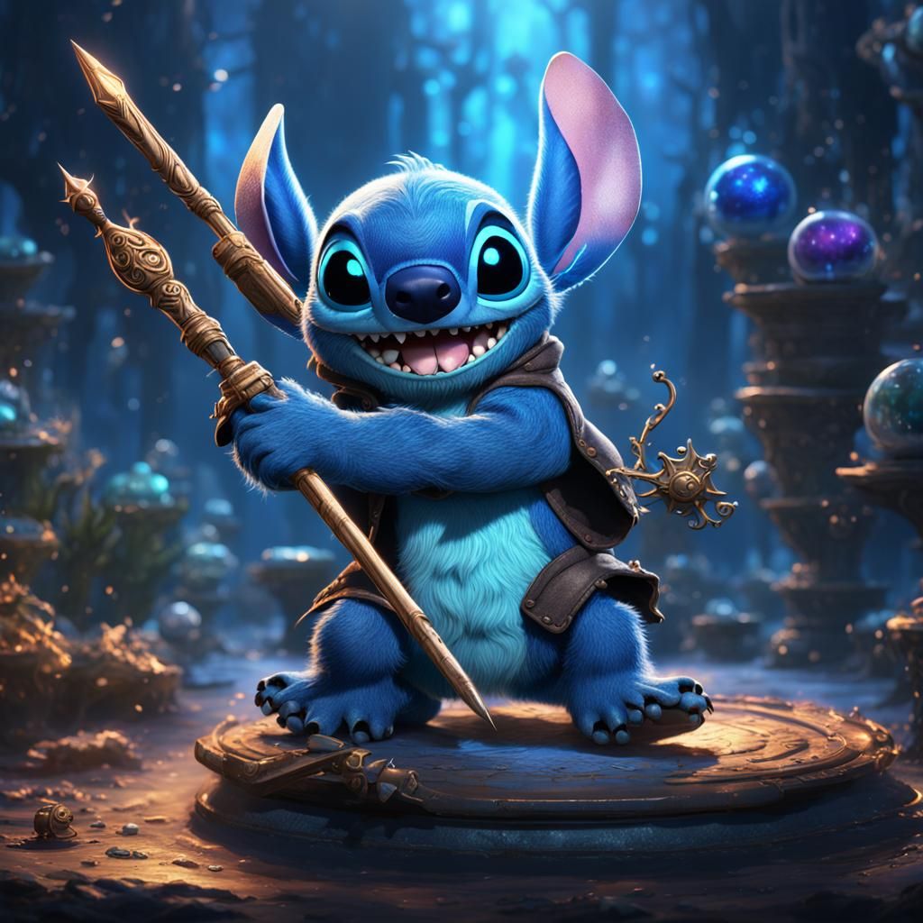 Stitch holding a wand surrounded by blue magic.  by @undefined