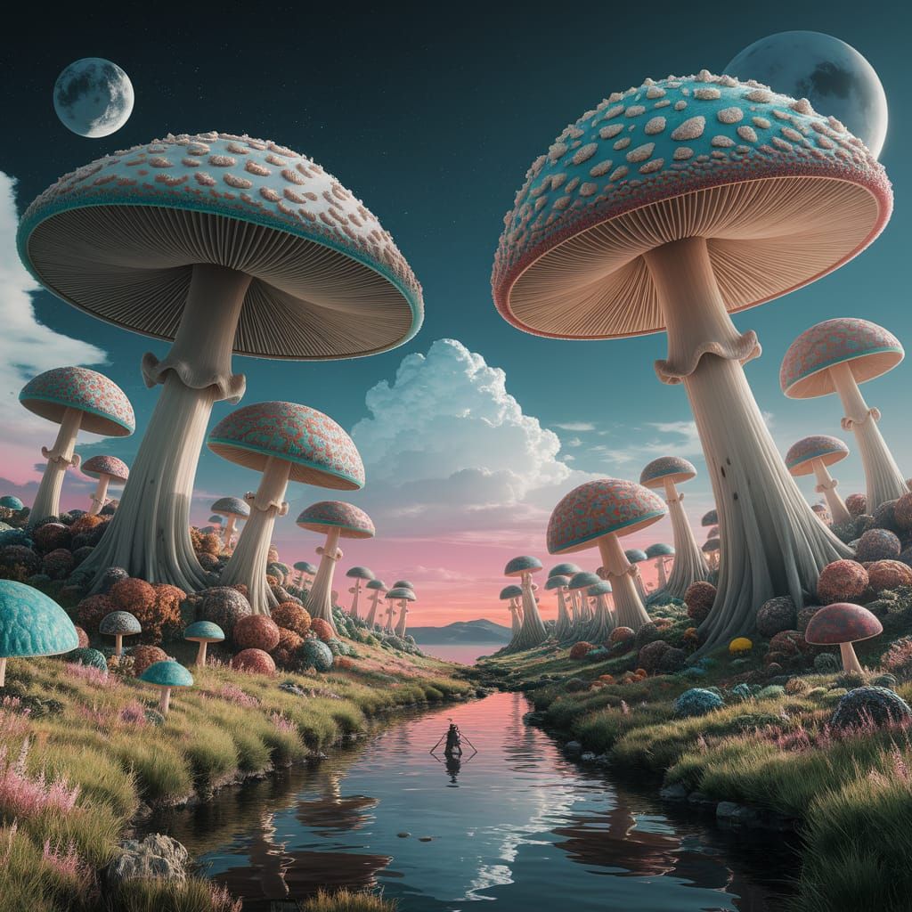 A surreal landscape where giant psychedelic mushrooms tower over tiny creatures  by @GraveyardsAndTakeout