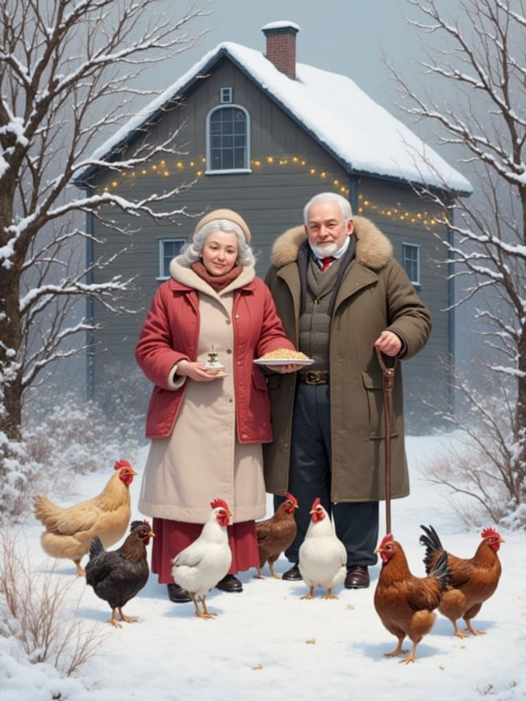 Elderly Couple in Snowy Landscape with Chickens and Fairy Li...