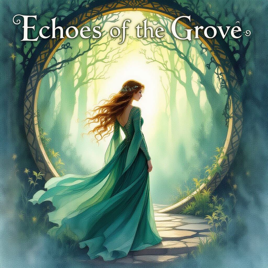 Design a video game cover featuring a lady of the mist, her gown made of glittering emerald mist, standing ...  by @Debbie Dwarika