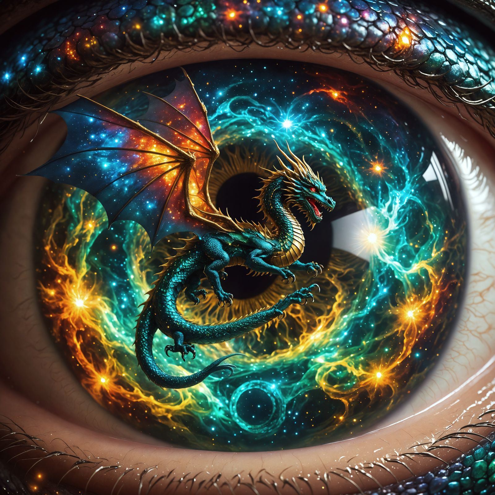 a majestic cosmic dragon is seen inside a human eye.