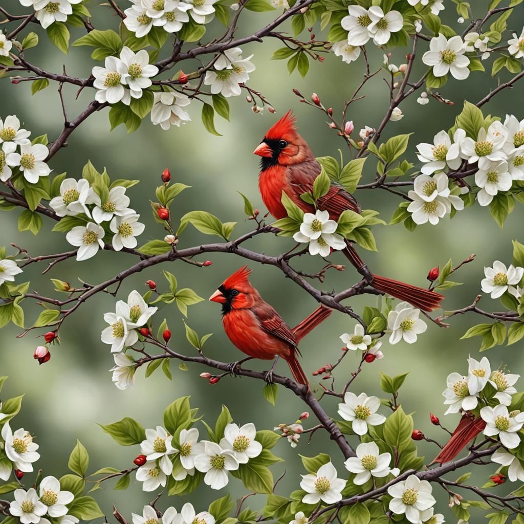 Cardinal in Dogwood Tree with Leaves & Blossoms