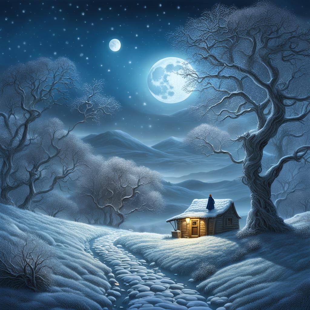 A cold winters moon  shining down on snowcovered ground crea...