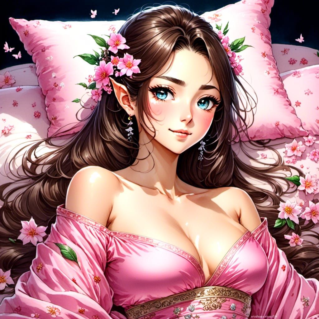 <lora:GoblinFantasy V1:1.0> pretty Japanese female in bed, pretty face, pretty features, detailed face, beautiful face, pink silk pajamas, s...