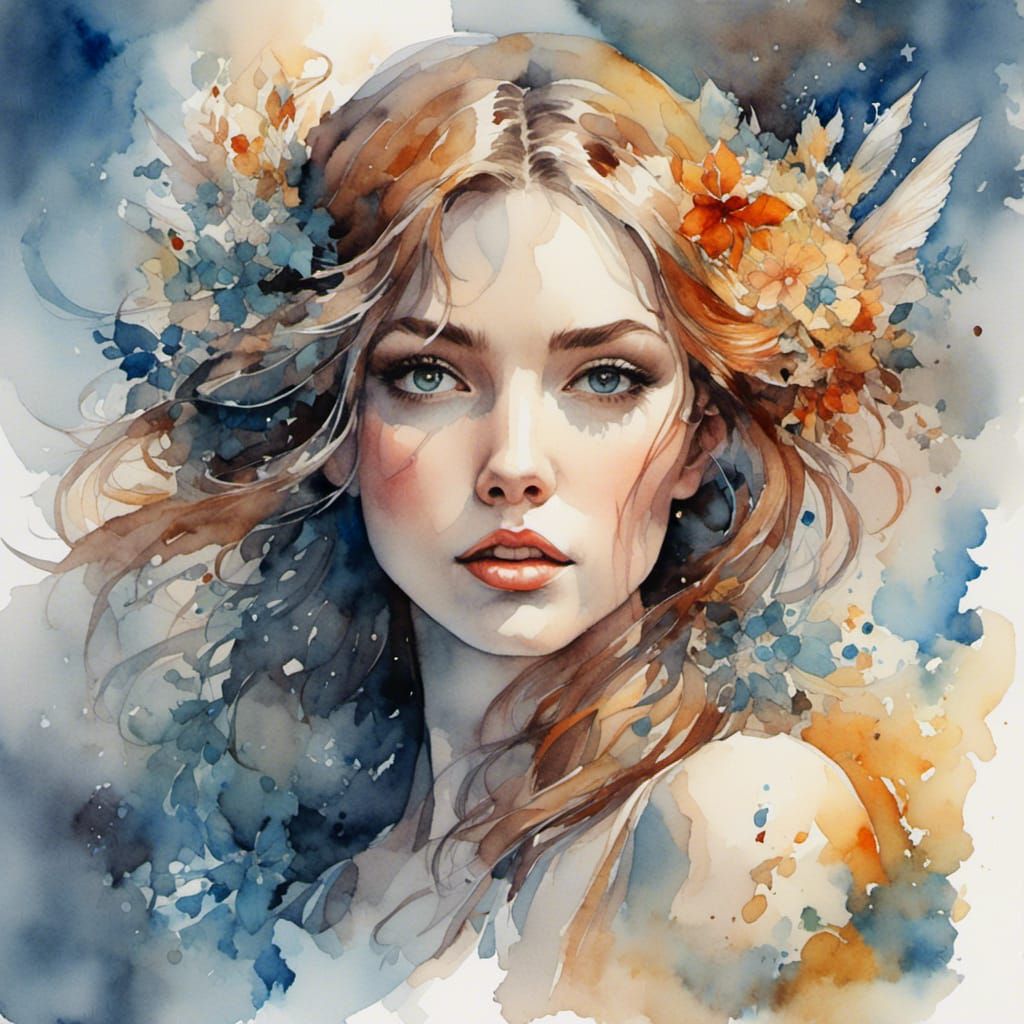 <lora:RomanticWatercolor:1.0> Watercolor portrait of a stunn...