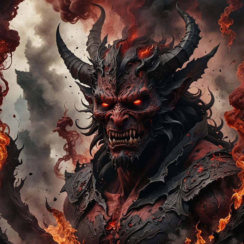 Demonic Face in Red and Black Smoke