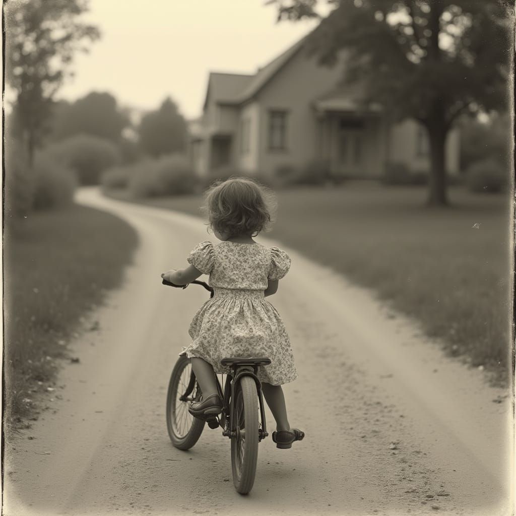 old, black and white photo, blurred, where a little girl is learning to ride a bike, in the background a country house, she is practicing on...