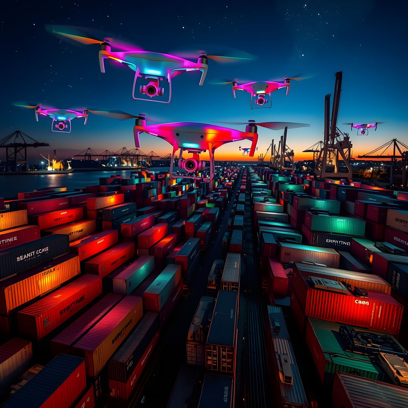 Surreal Industrial Cityscape Illuminated by Prismatic Drones
