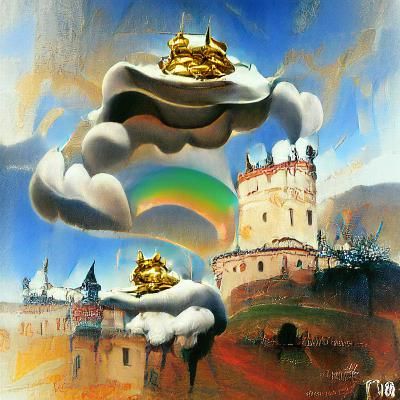 golden castle on the clouds, heaven, pot of gold, rainbow, c...