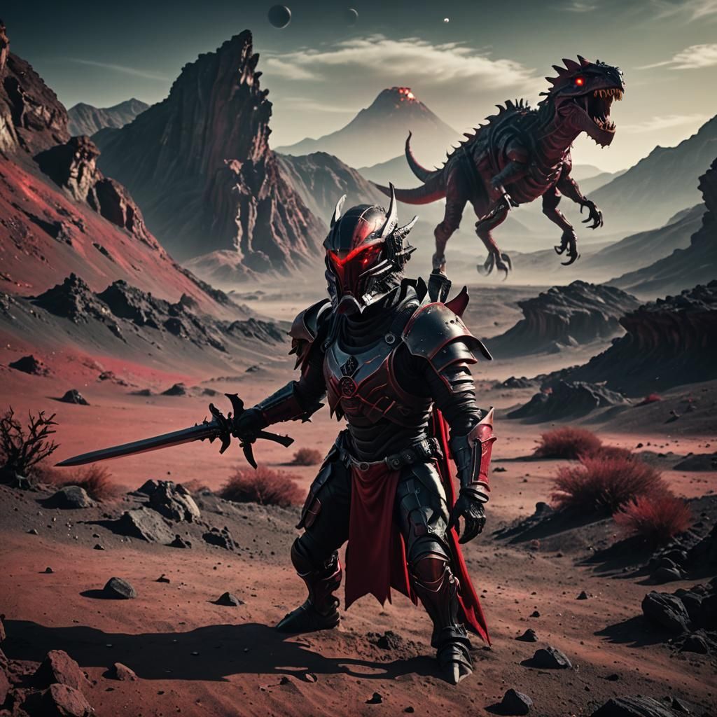 Black and red humanoid monster in armor with sword on alien ...