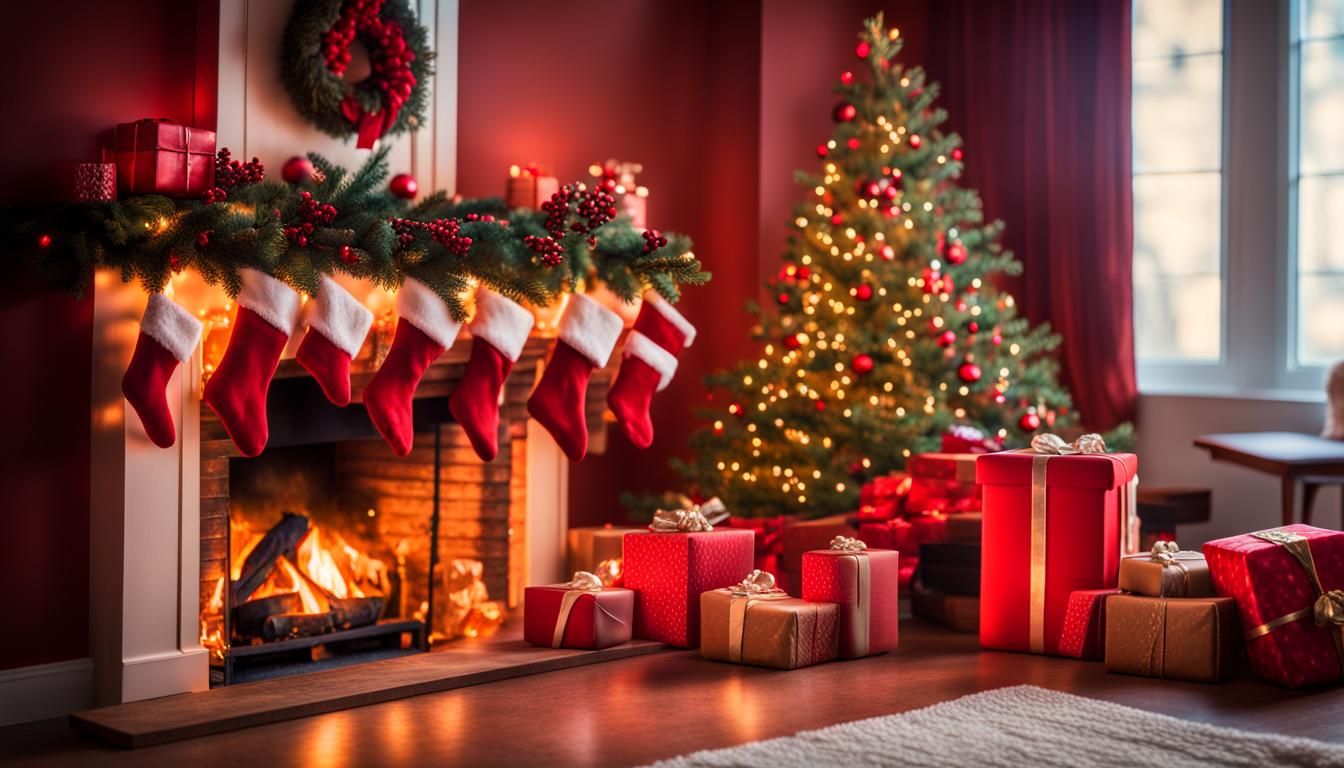 Festive Christmas Fireplace with Decorated Tree