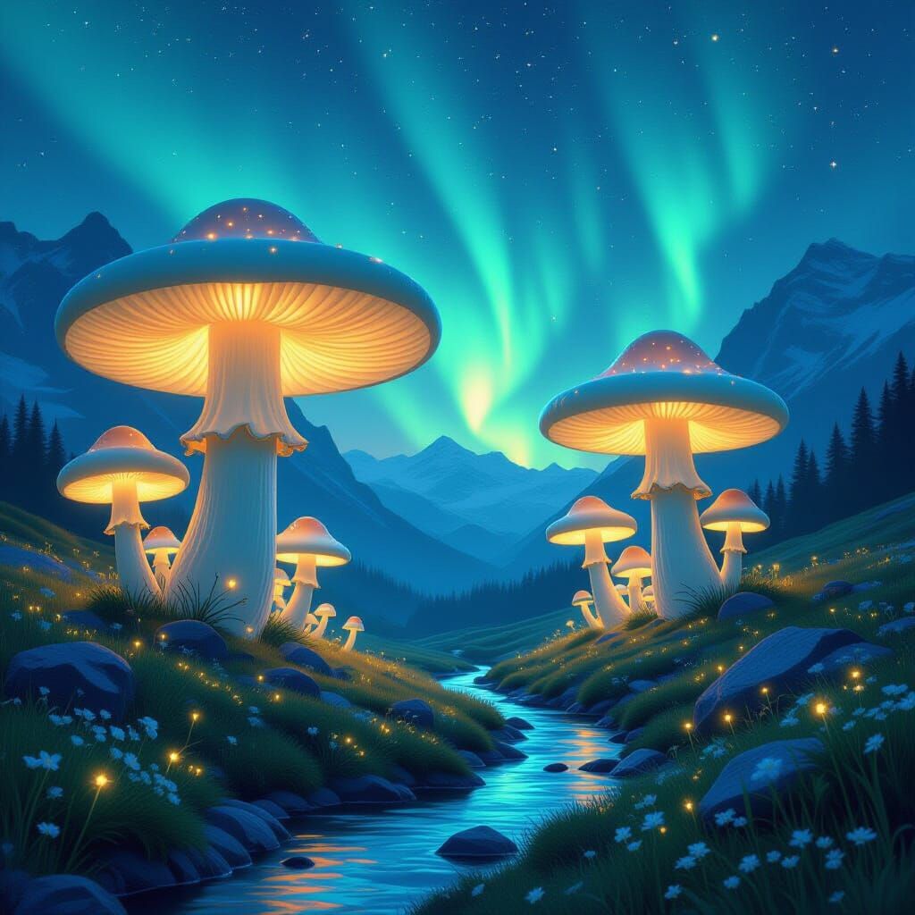 A surreal, dreamlike scene of giant, luminous mushrooms growing in a hidden alpine meadow, illuminated by the soft glow of the aurora boreal...