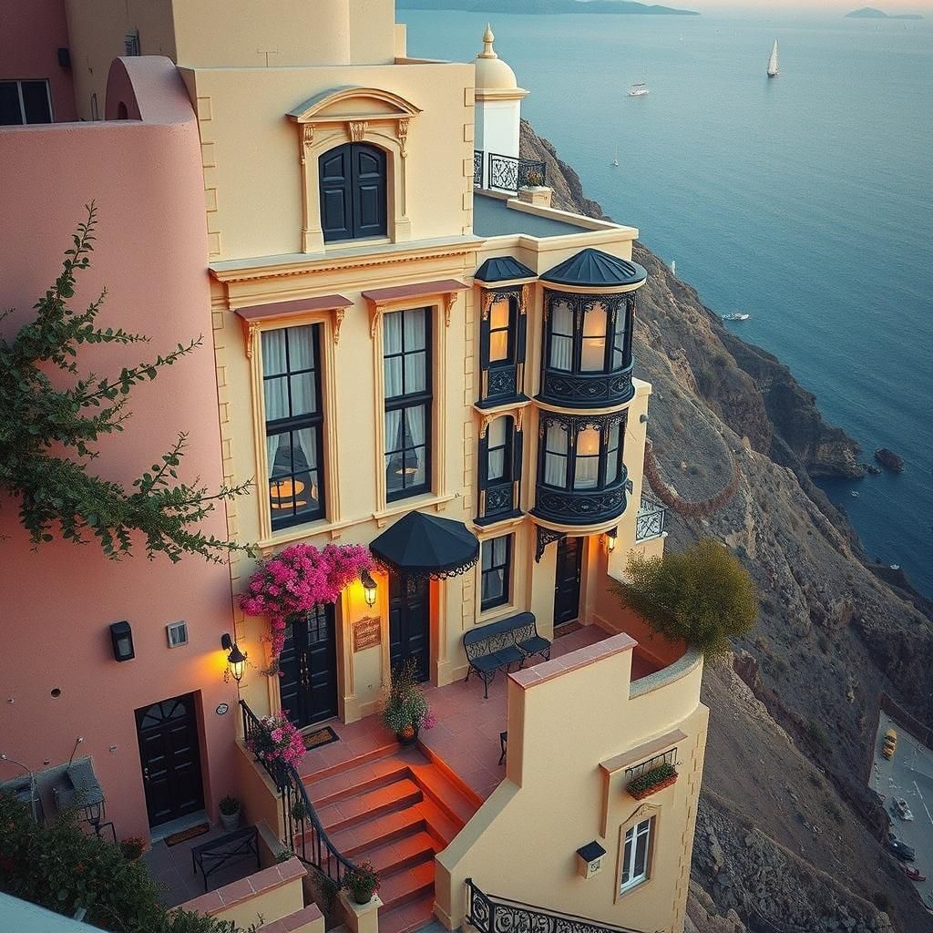 A photorealistic picture of the cutest Victorian Italianate high small narrow apartment which has four floors, springing from the flank of a...