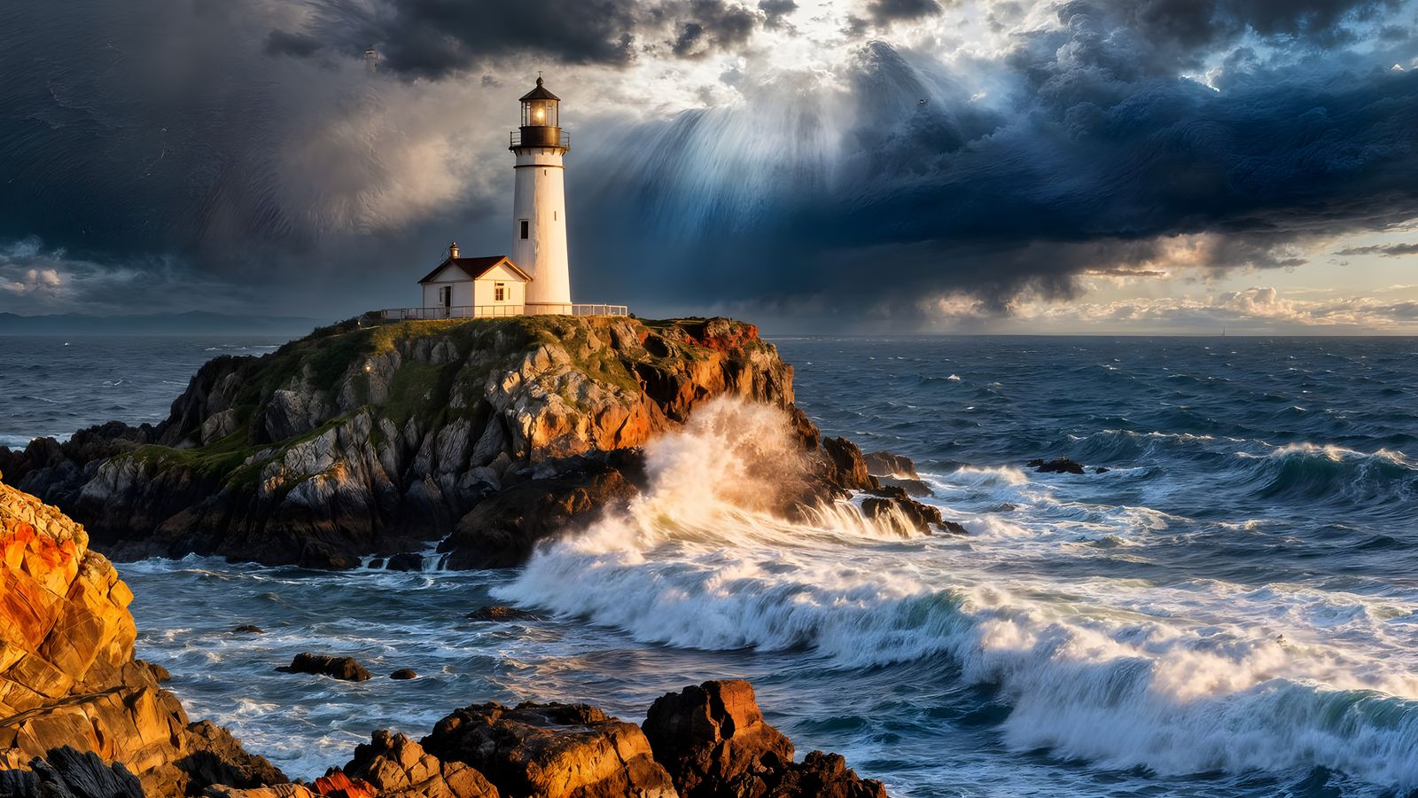 A stunning light house off the coast of the Pacific Northwest with waves crashing. HDR dynamic lighting ...  by @Mage of Mischief 