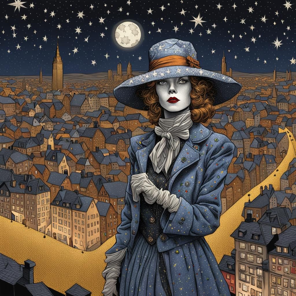 Classy female scarecrow,starry cityscape,selective colouring,Comic art,Moebius,Hilda af Klimt  by @mementoMinnie