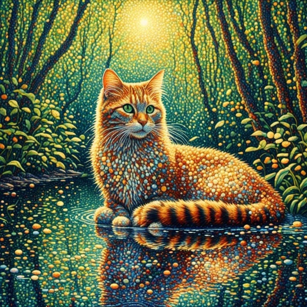 <lora:Pointillist Art:1.0> a beautiful cat on the forest lake, 