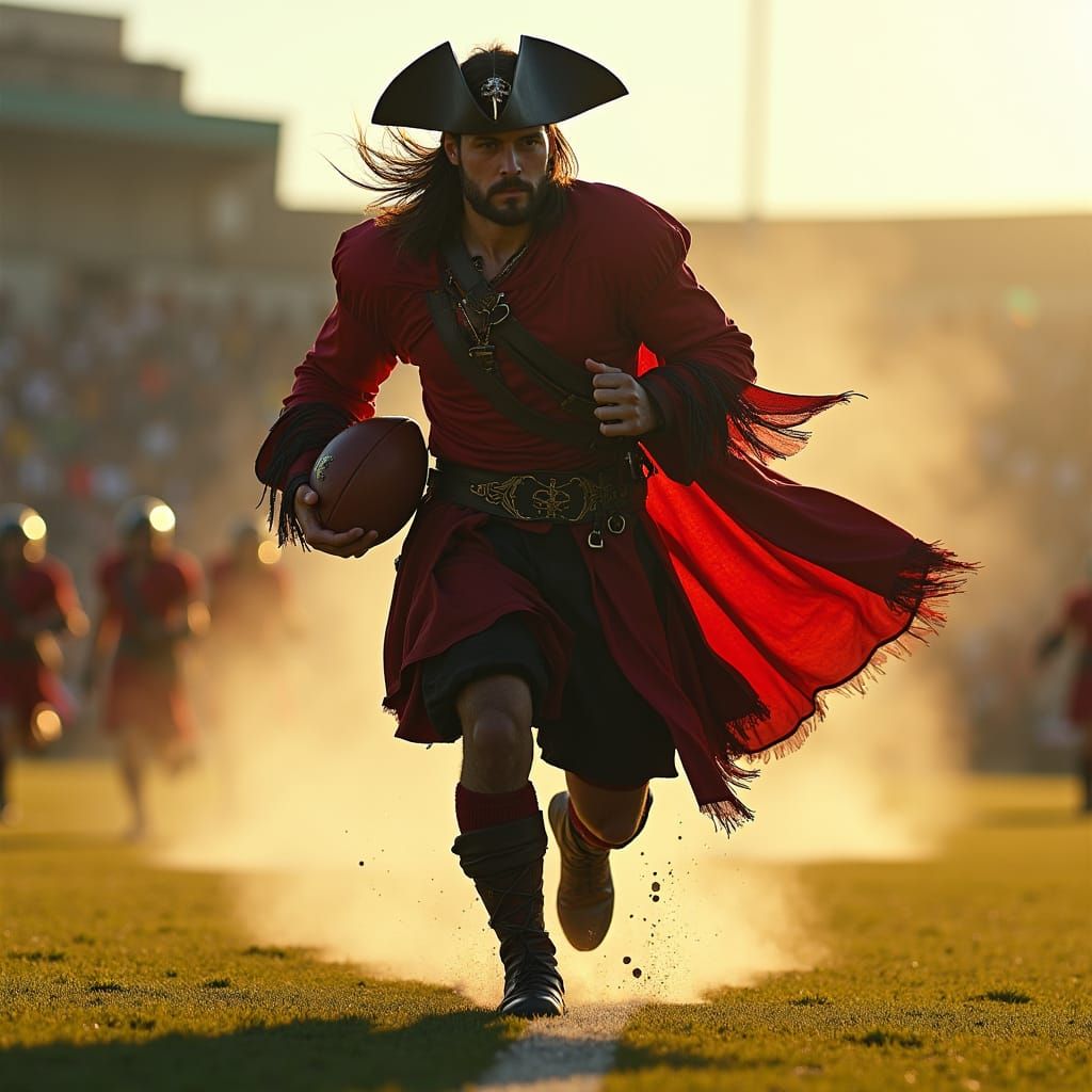 Pirate with red and black clothes running on a field protect...