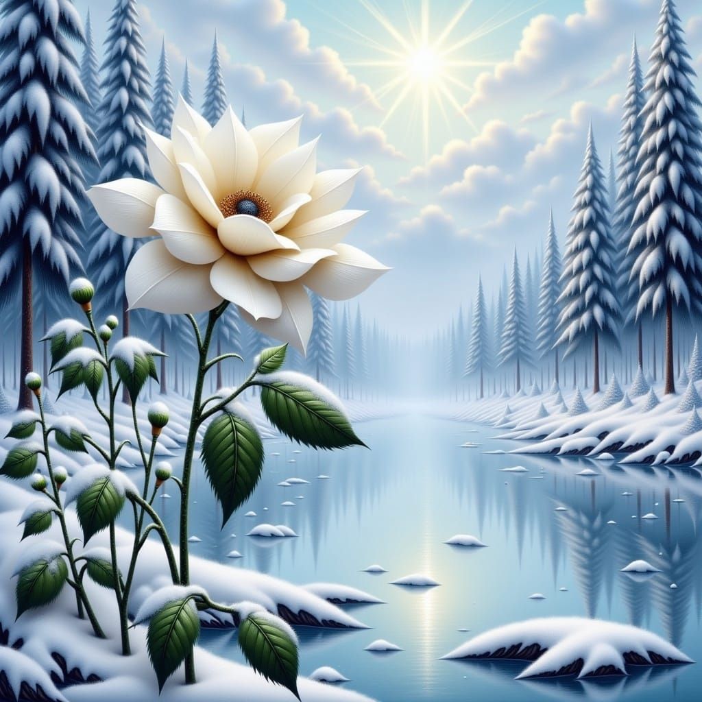<lora:White Fantasy:1.0>White Christmas Rose in a Winterscene Landscape, Hyper-detailed 3D glossy oil airbrush artwork