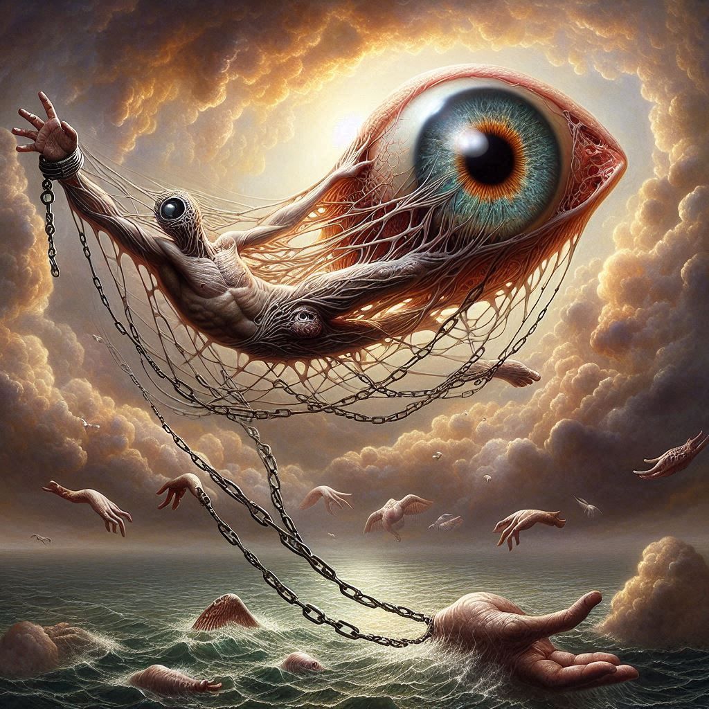Floating free, yet bound in chains, In the silence of vision, no voice remains. An eye, an organ, adrift in the storm, A...