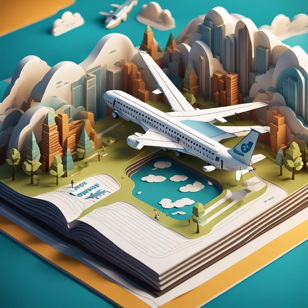Create an open book 3D paper cut art of airport featuring is...