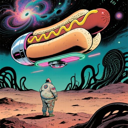 A solitary fat man stands on a desolate, alien planet, gazing at a colossal, retro-futuristic spacecraft shaped like a giant, chrome-plated ...