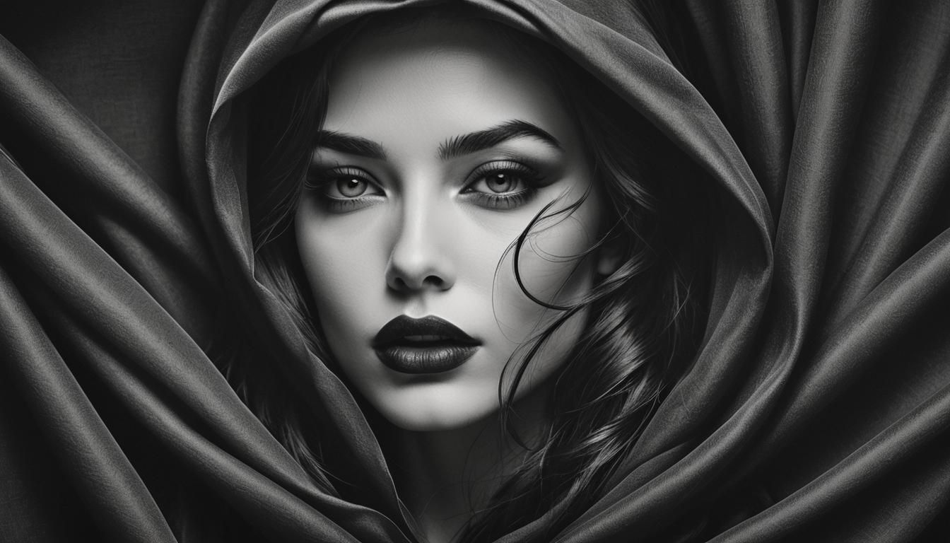 Enigmatic Woman's Face in Flowing Fabric