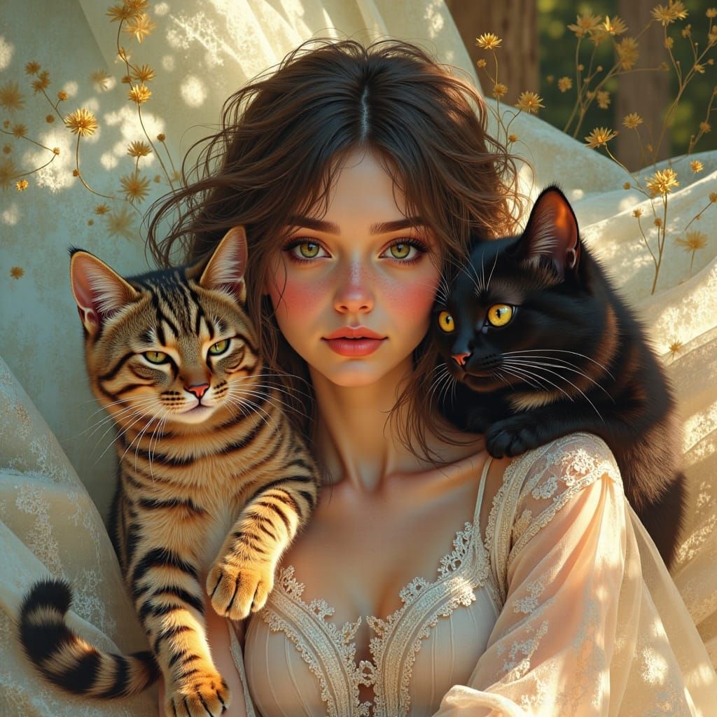 Surreal Woman with Cats in a Dreamlike Airbrush Illustration