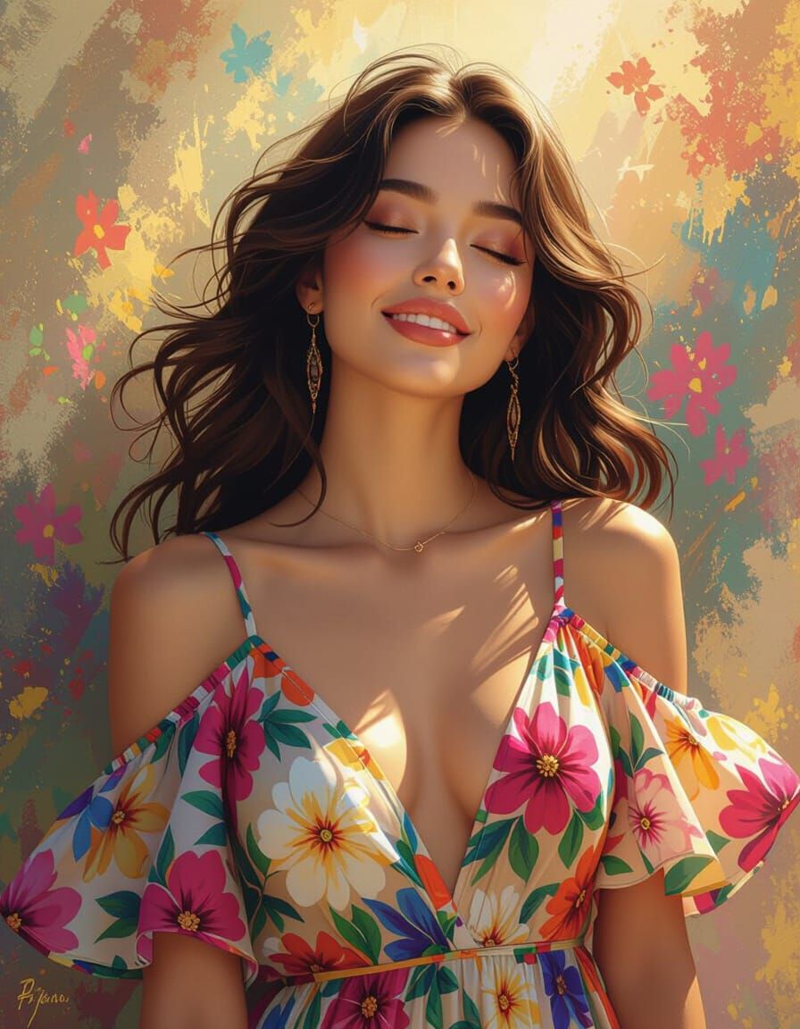 Hyper realistic portrait of a well endowed lady wearing flowery dress. Full body portrait with a blissful smile. Basking in the sunlight 
