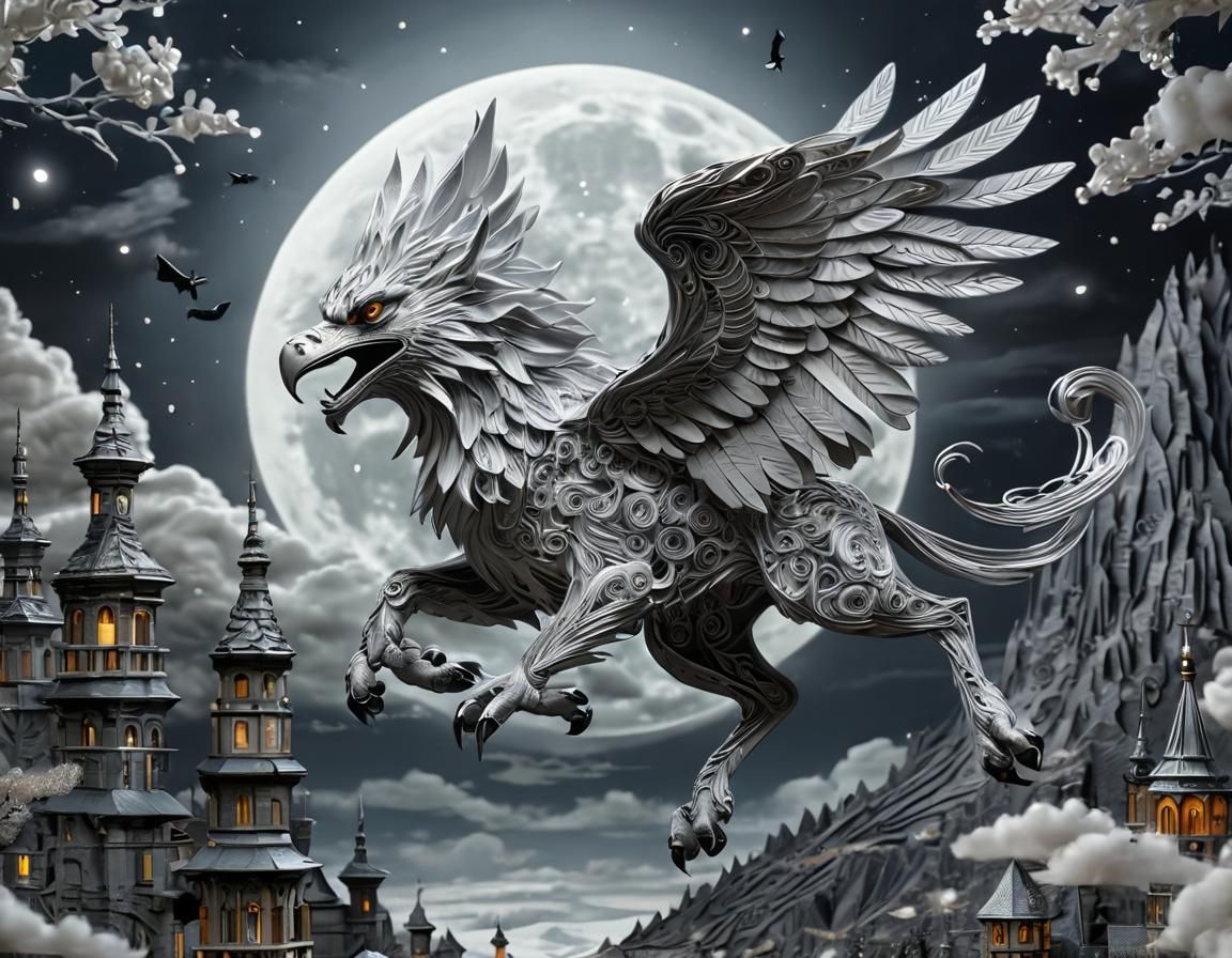 A silver gryphon flying across the full moon